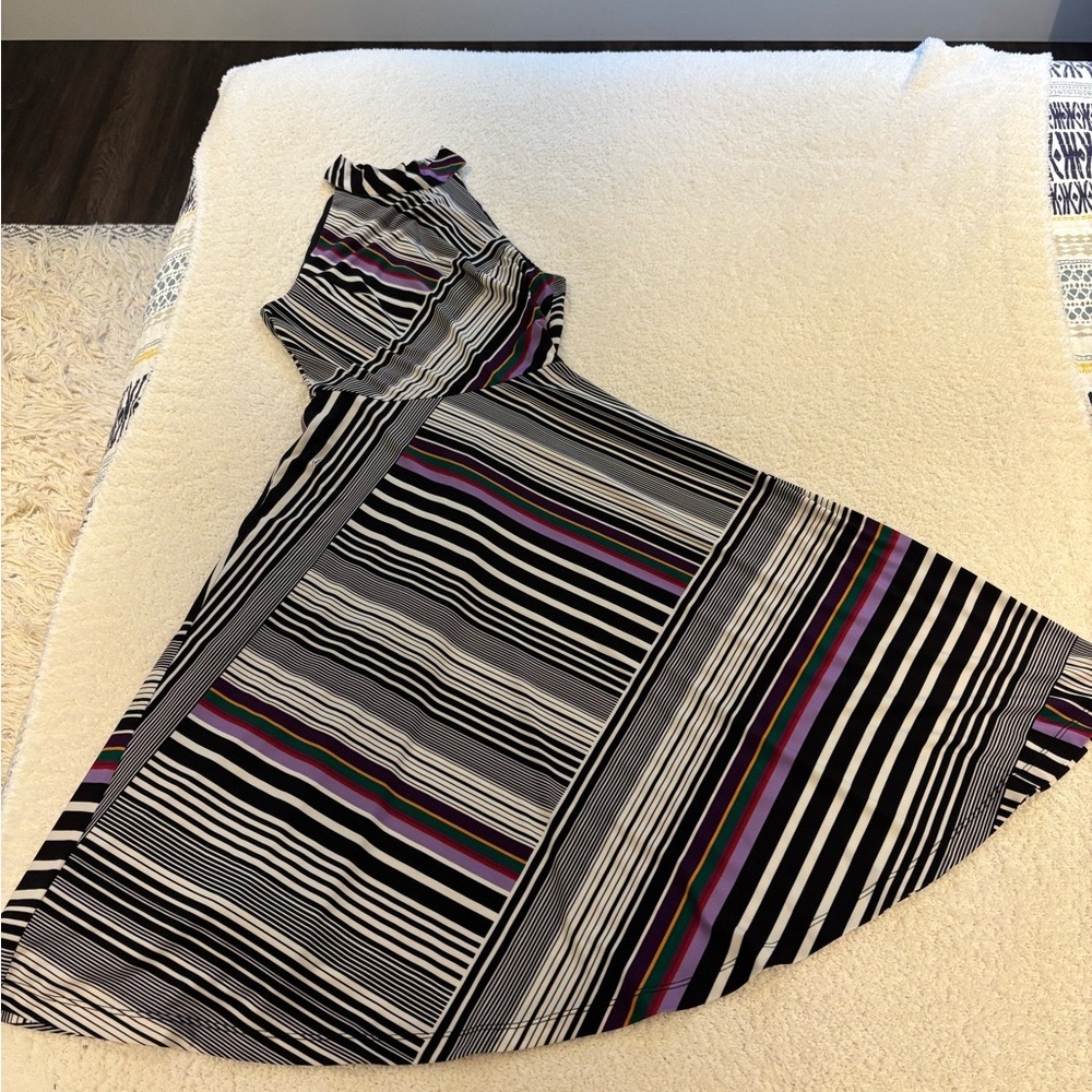 Trina Turk Black and White Asymmetrical Dress with Multicolor Stripes